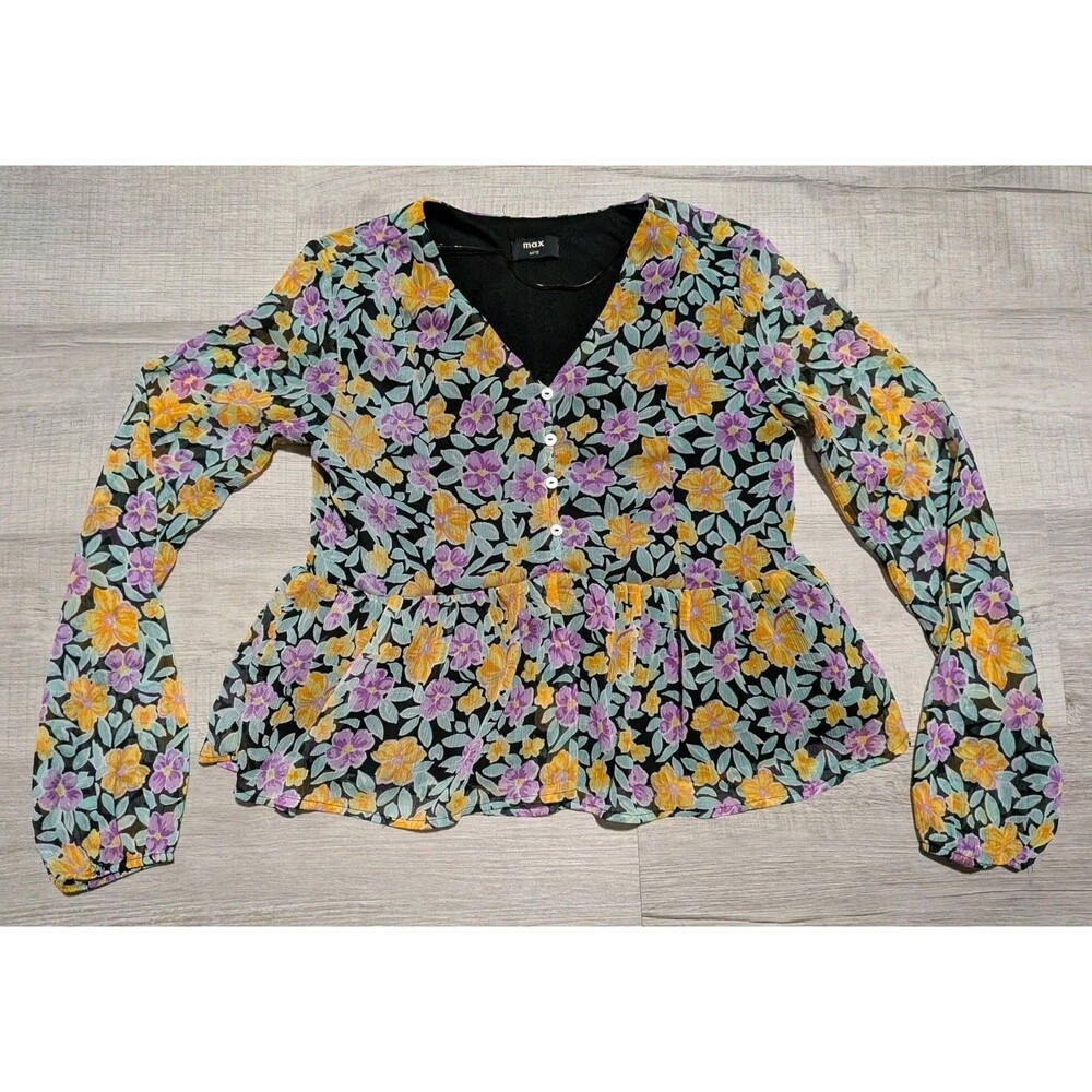 MAX Floral Peplum Blouse Top Women's Sz M 12 V Neck